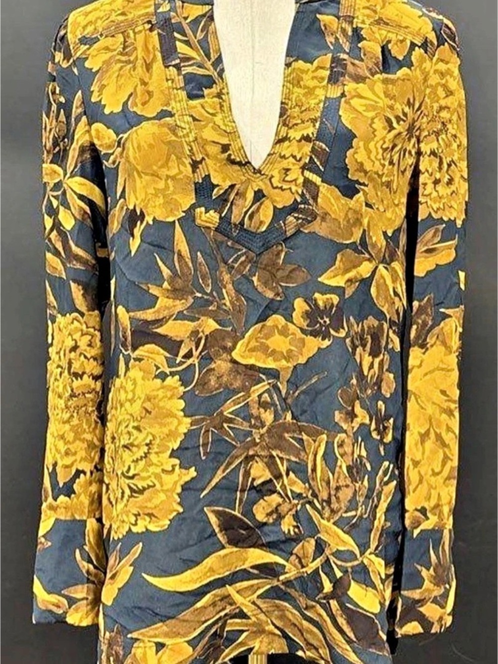 Tory Burch, size large, Floral Silk Tunic in Blue & Yellow-gold, EUC